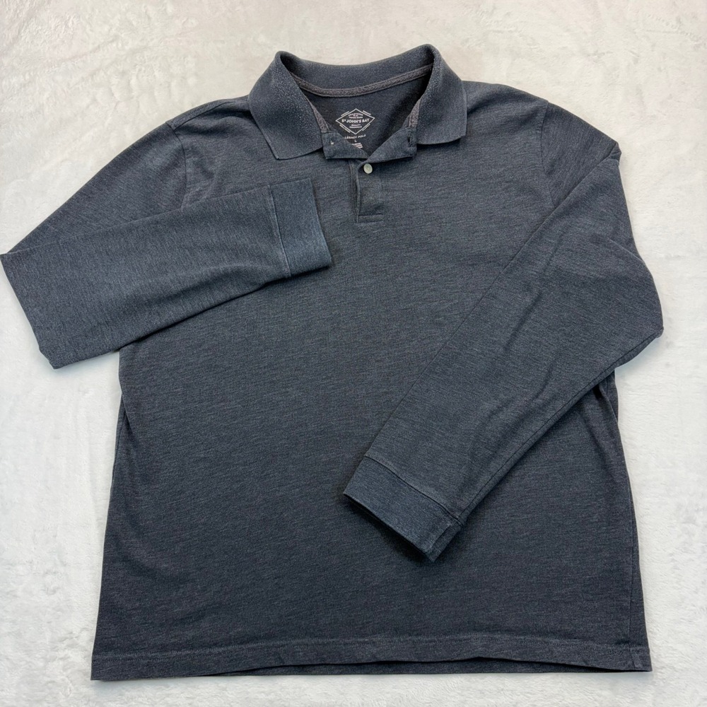 St Johns Bay Mens Large Gray Long Sleeve Legacy Polo Shirt Cotton Blend Heather
